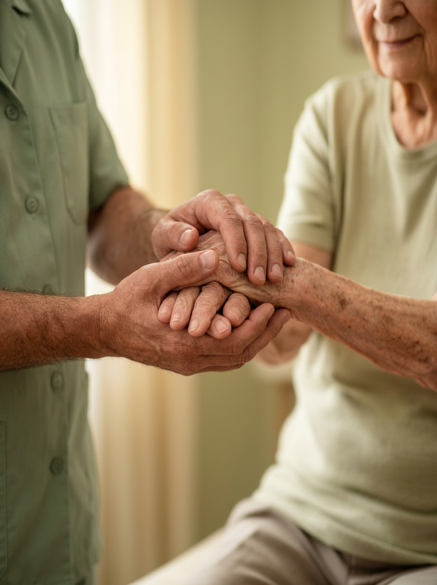 Hands of a physiotherapist supporting an elderly patient
