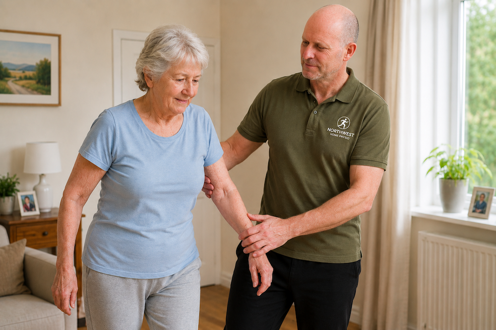 A physiotherapist supporting an elderly woman during a home visit